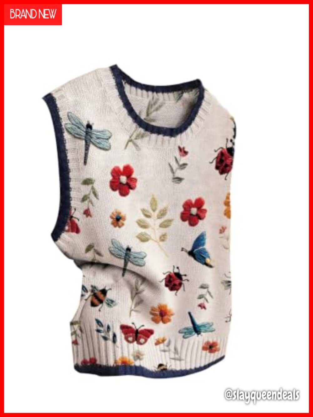 Boho Knit Sweater Vest Butterfly Floral Print Sleeveless Fall Top